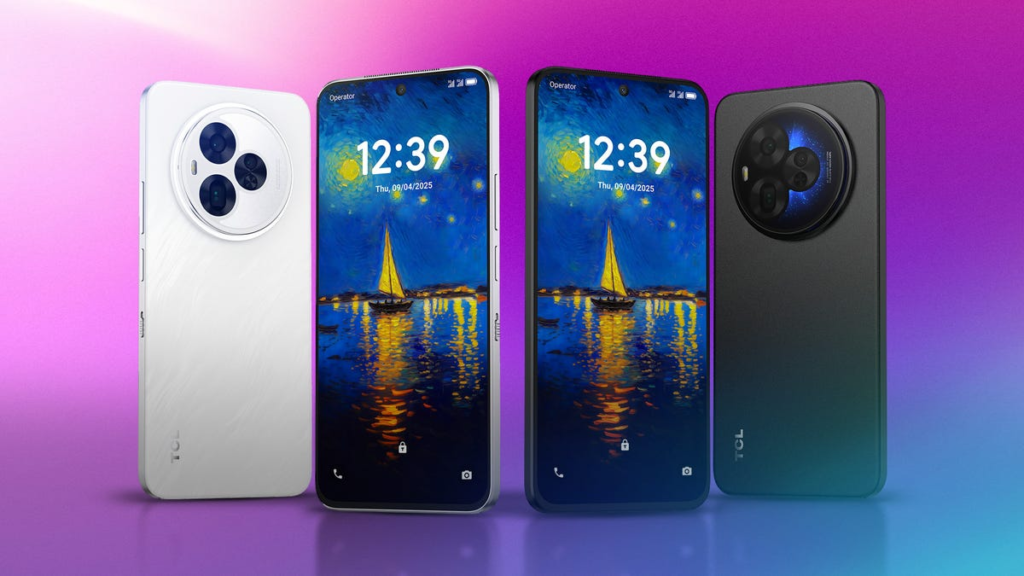 Two phones in black and white showing front and back sides, with the rear trio of cameras and front display visible.