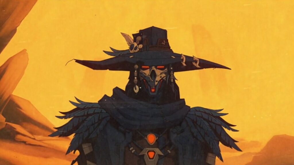 A robot cowboy stands in a desert