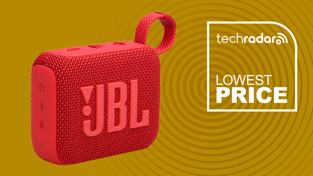 JBL Go 4 Portable Bluetooth Speaker in red on yellow background with TechRadar lowest price text