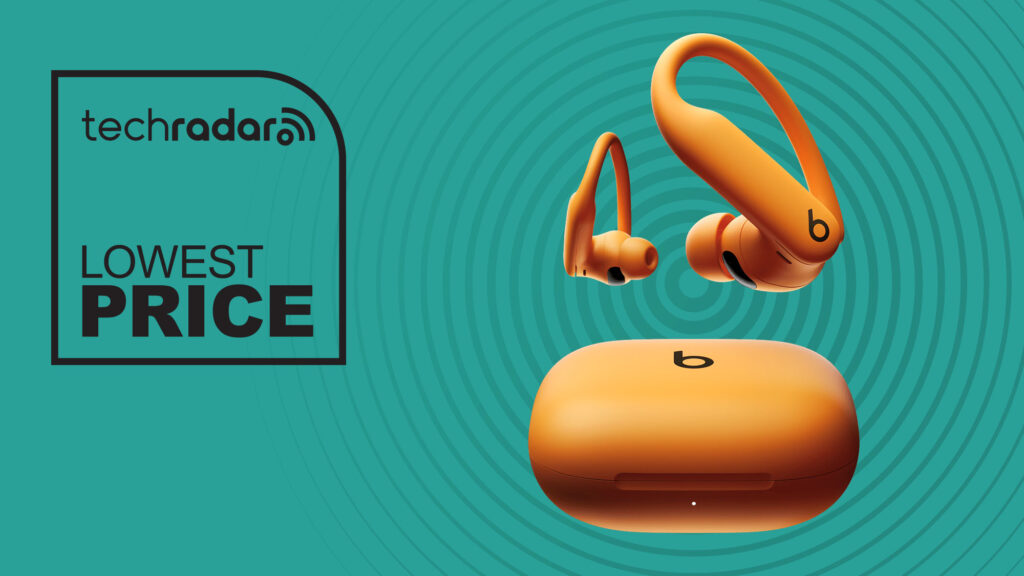 The highly-rated Beats Powerbeats Pro 2 are back to a record-low price at Amazon Beats Powerbeats Pro 2 orange on cyan background with TechRadar lowest price in black text