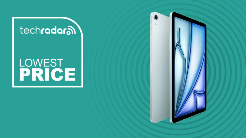 The iPad Air 11-inch (M3) on a blue background with text saying Lowest Price.