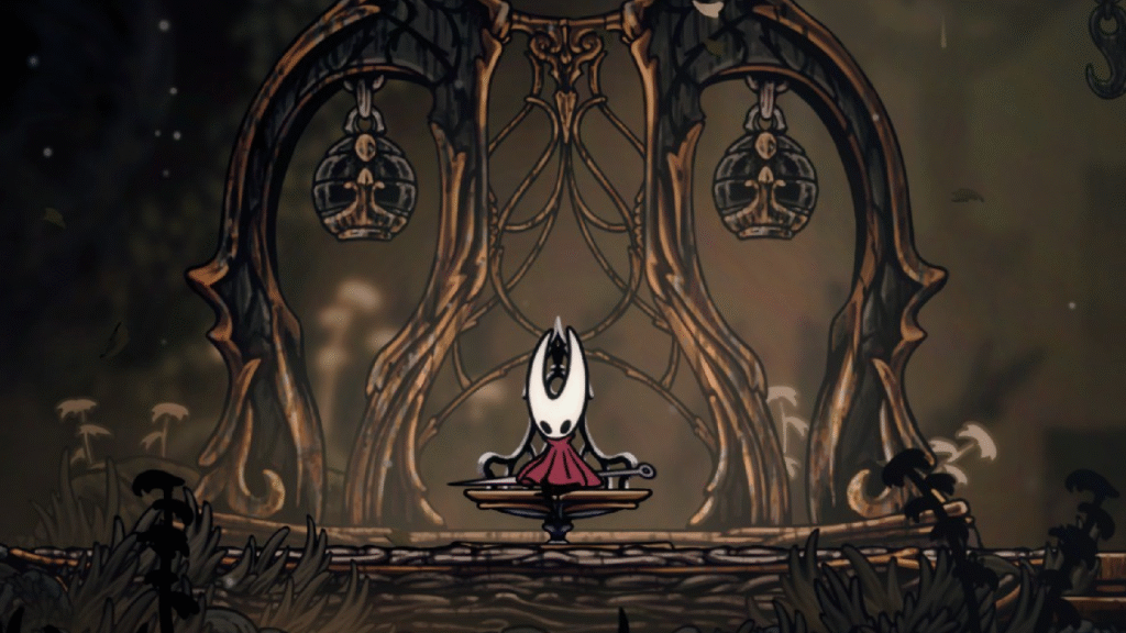 Hornet sits on a bench in Hollow Knight: Silksong.