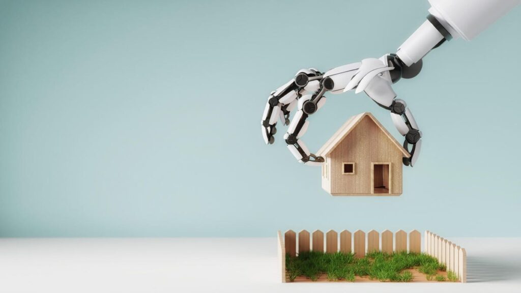 Home AI Is Way Better Than Chatbots. Here Are the Tricks I Love A white robot hand places a wooden home figure into a fenced, grassy area.