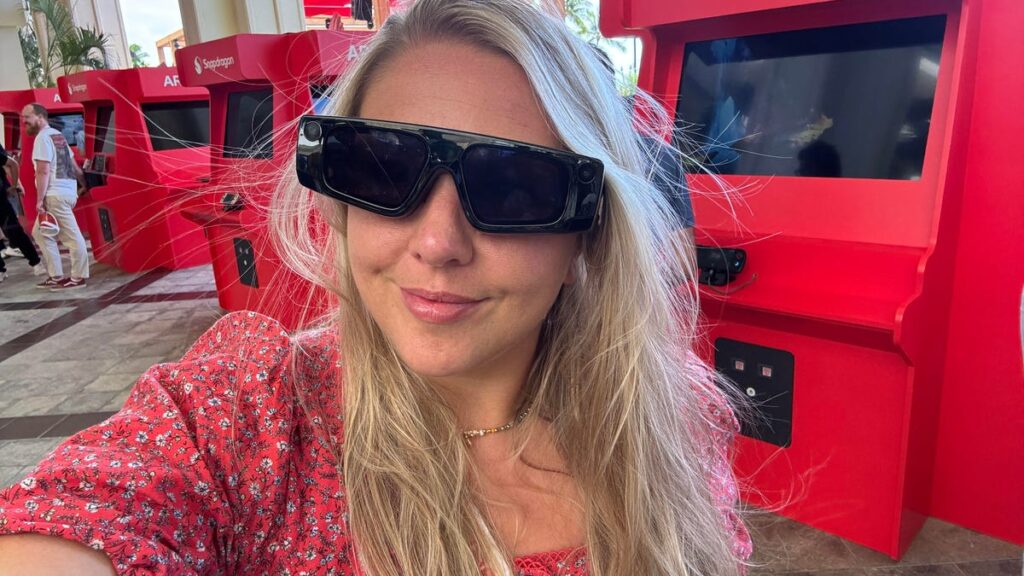 a lady wearing XR glasses