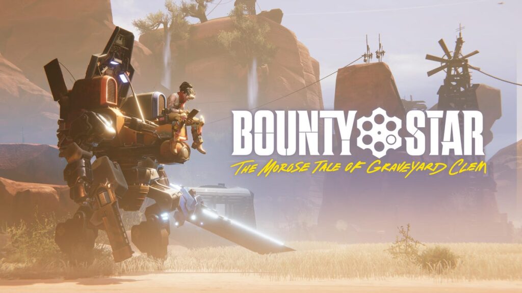 Logo art featuring a woman sitting on the edge of a mech and the words "Bounty Star" listed.