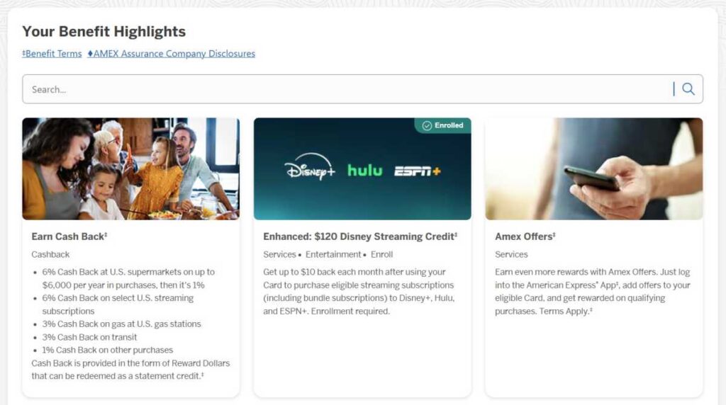 AmEx benefit page showing Disney streaming credit