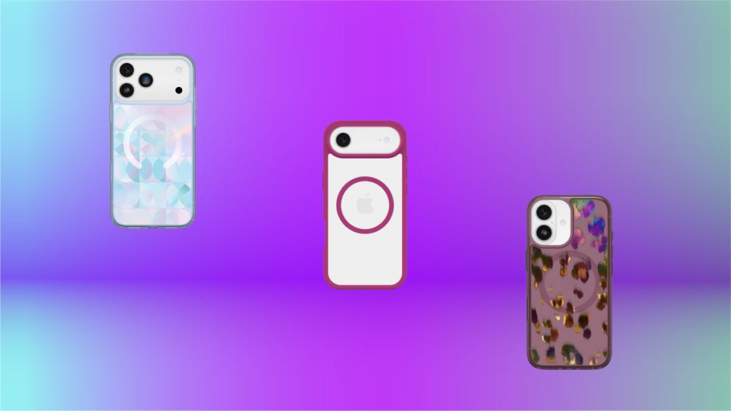 A trio of OtterBox cases on display against a purple and blue gradient background.