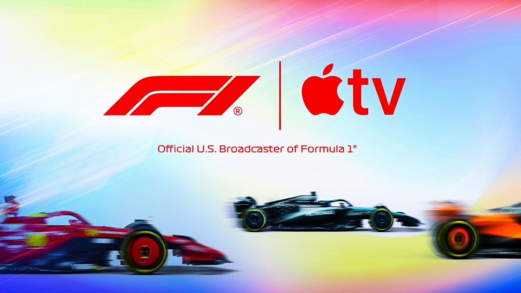 f1 logo and racecars with apple tv logo
