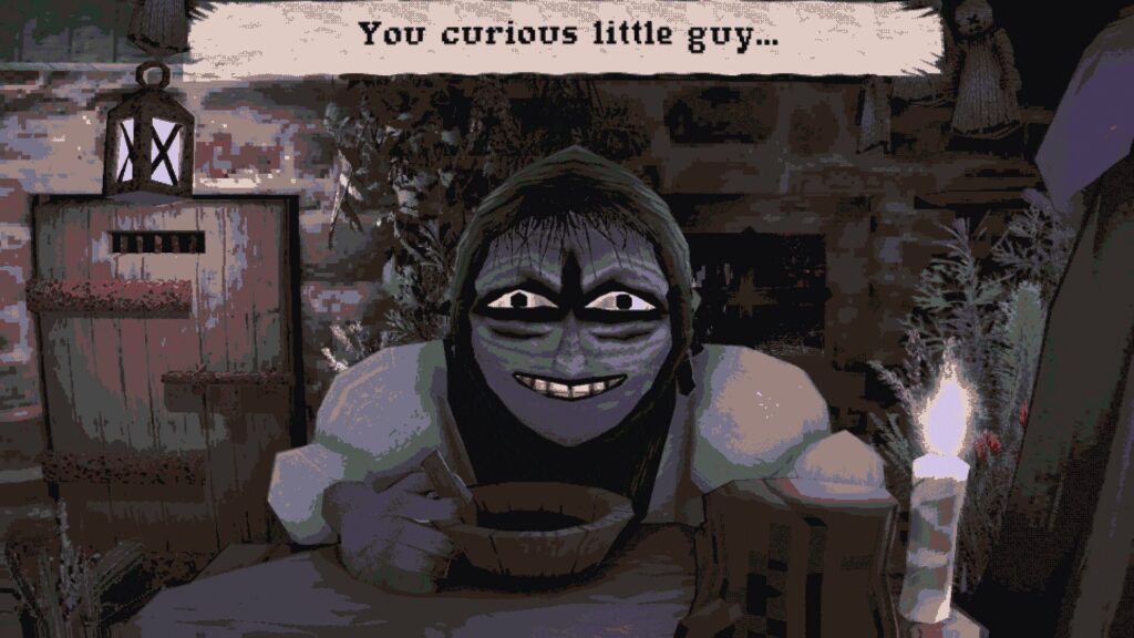 a screenshot from Carimara: Beneath the forlorn limbs showing a strange looking man in a tavern