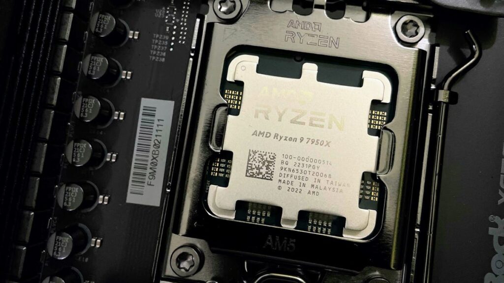 AMD Ryzen 7950X installed on a black PCB motherboard