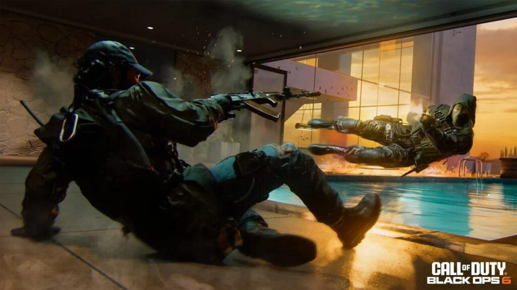 One Black Ops 6 operator slides with an assault rifle in hand as they get shot at by another operator in the middle of a dolphin dive.