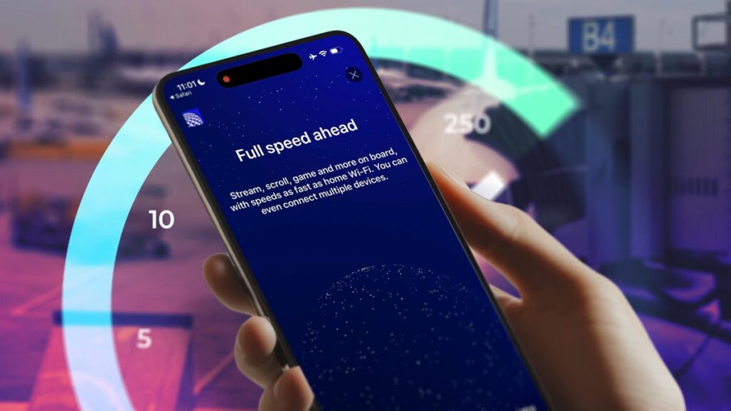 A hand holding a phone with "Full speed ahead" written as a status for United Wi-Fi. In the background is a Speedtest graph and a plane at an airport.