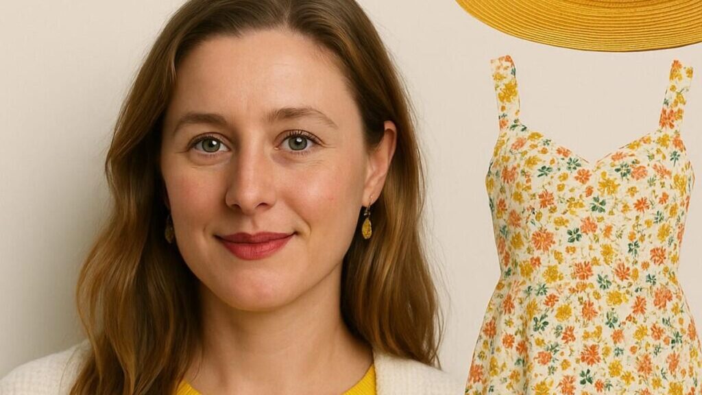 Headshot of a woman smiling, beside a floral sun dress and brimmed straw hat