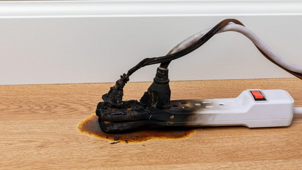 Electrical surge protector outlet and extension cord fire. Electricity safety, fire hazard and circuit overload concept