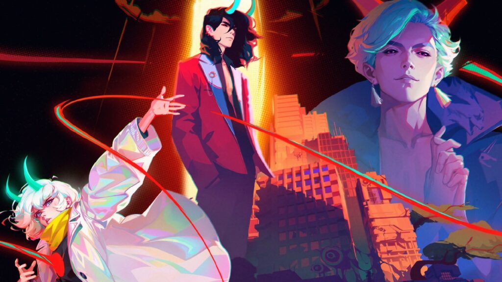 Possessor(s) key art showing two protagonists and looming villain amid destroyed city. Everyone has horns.