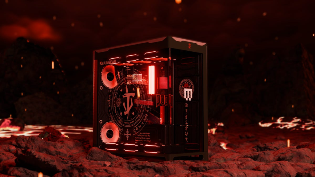 Maingear's Doom Series PC sits atop hellish ash and rubble, reminiscent of a scene from the Doom games.
