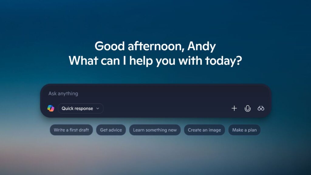 A Microsoft Copilot app homepage, for Andy
