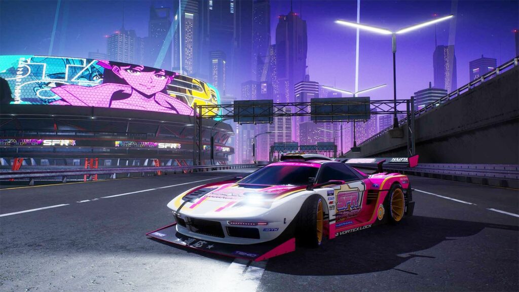 A car parked on the highway in front of an anime billboard.