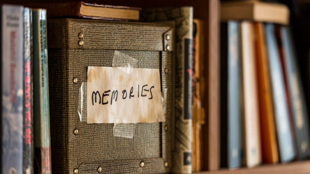 A small box labeled "memories" on a shelf with books