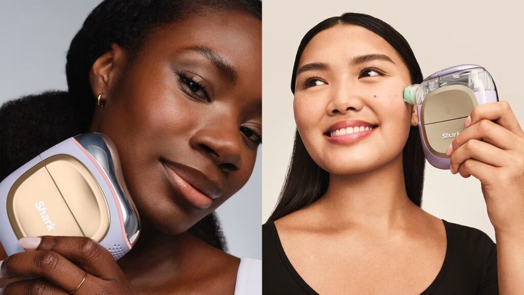 Shark Depuffi in use on two models' faces