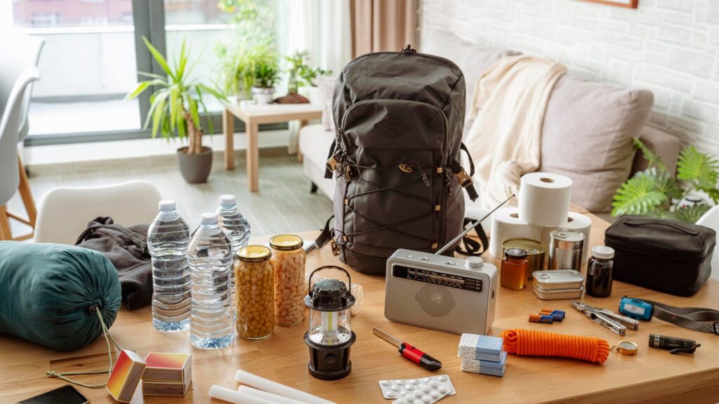 Emergency equipment to face crisis and disasters. Water, food, first aid kit, tools and another items needed to survive