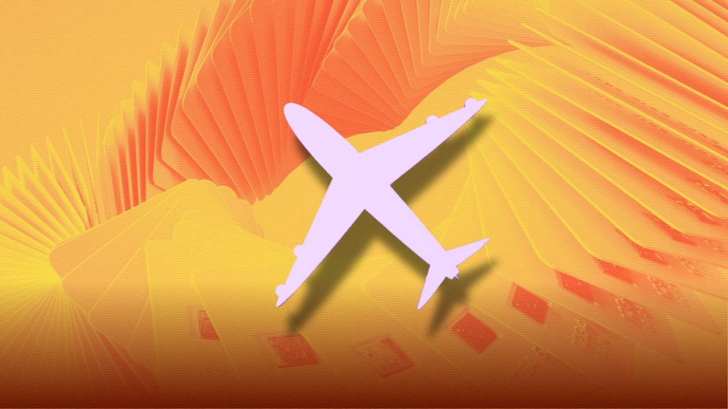 An illustration of a plane over a yellow and orange background.