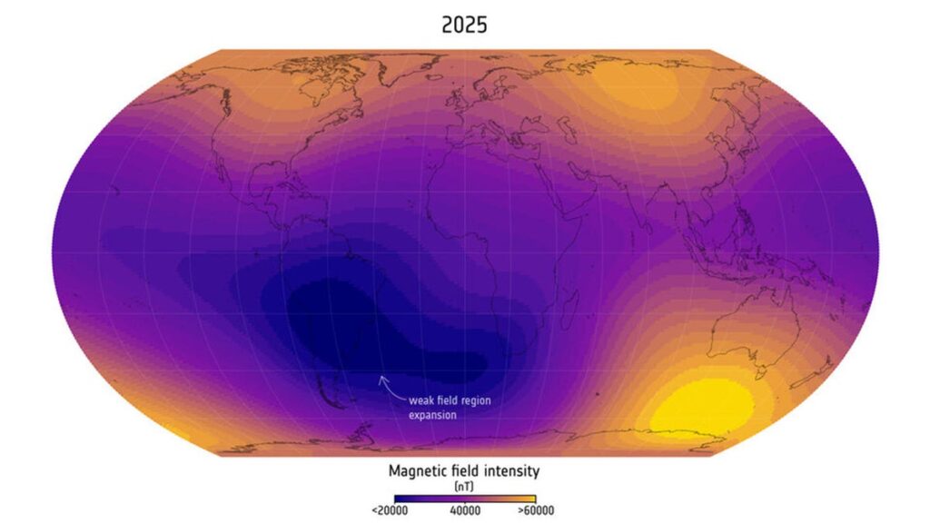 The Earth Has a Growing Weak Spot in Its Magnetic Field: Here’s What That Means A heat map showing the intensity of Earth's magnetic field