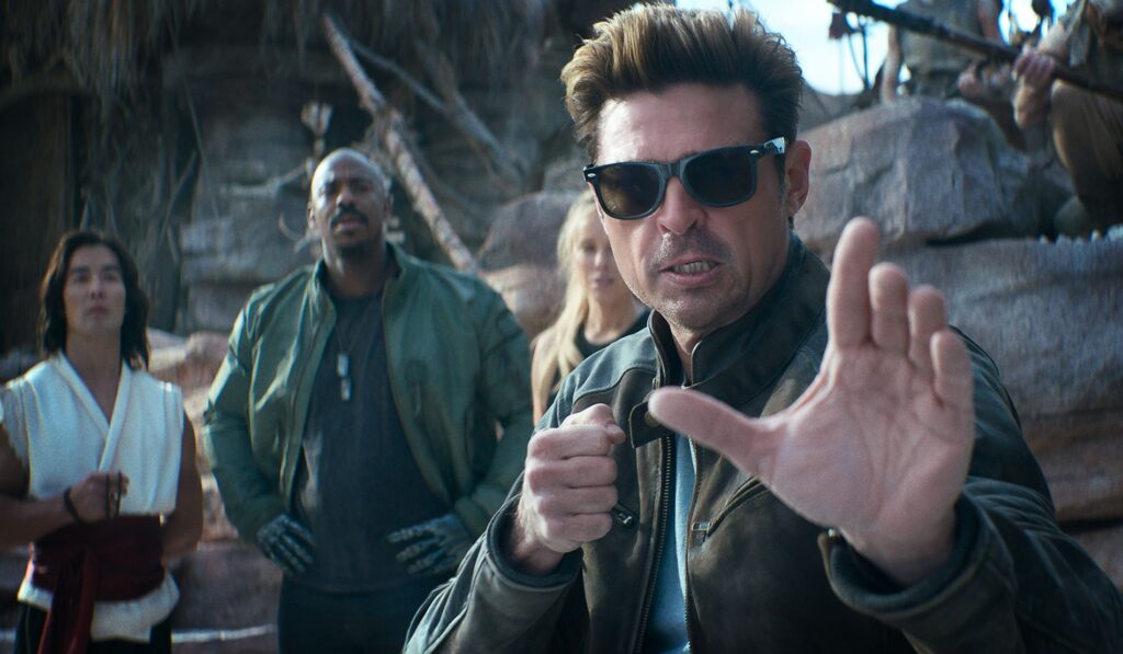 (L-R) Ludi Lin as &ldquo;Liu Kang&rdquo;, Mehcad Brooks as &ldquo;Jackson &lsquo;Jax&rsquo; Briggs&rdquo;, Jessica McNamee as &ldquo;Sonya Blade&rdquo;, and Karl Urban as &ldquo;Johnny Cage&rdquo; in New Line Cinema&rsquo;s &ldquo;Mortal Kombat II,&rdquo; a Warner Bros. Pictures release.