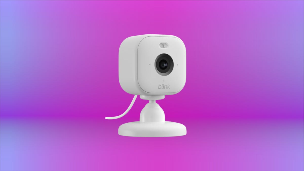 A white security camera, set against a pink and purple background.