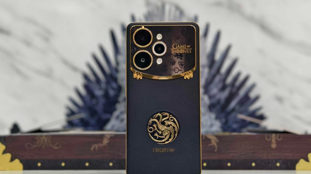 Realme 15 Pro Game of Thrones Limited Edition standing infront of the 3D Iron Throne in-box replica.