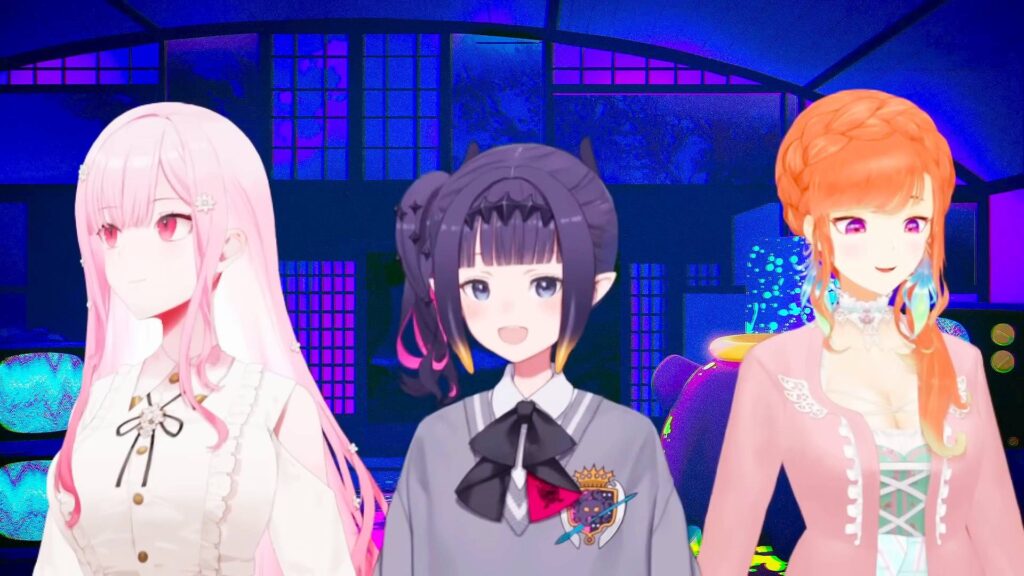 A screencap of a Hololive English stream. Three 2D anime girl avatars are next to each other. The one on the left has long pink hair and red eyes. In the middle is a girl wearing a formal outfit with purple hairs and tentacle bangs. And on the right is a girl wearing pink with bright orange hair and purple eyes.