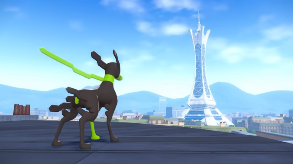 Zygarde stands atop a rooftop in the Kalos region's Lumiose City.