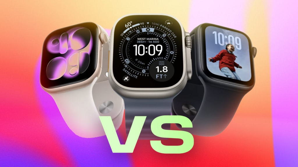 Apple Watch Series 11 vs. Ultra 3 and SE 3: Which Watch Fits You Best? Three models of Apple Watches with "vs" below them.