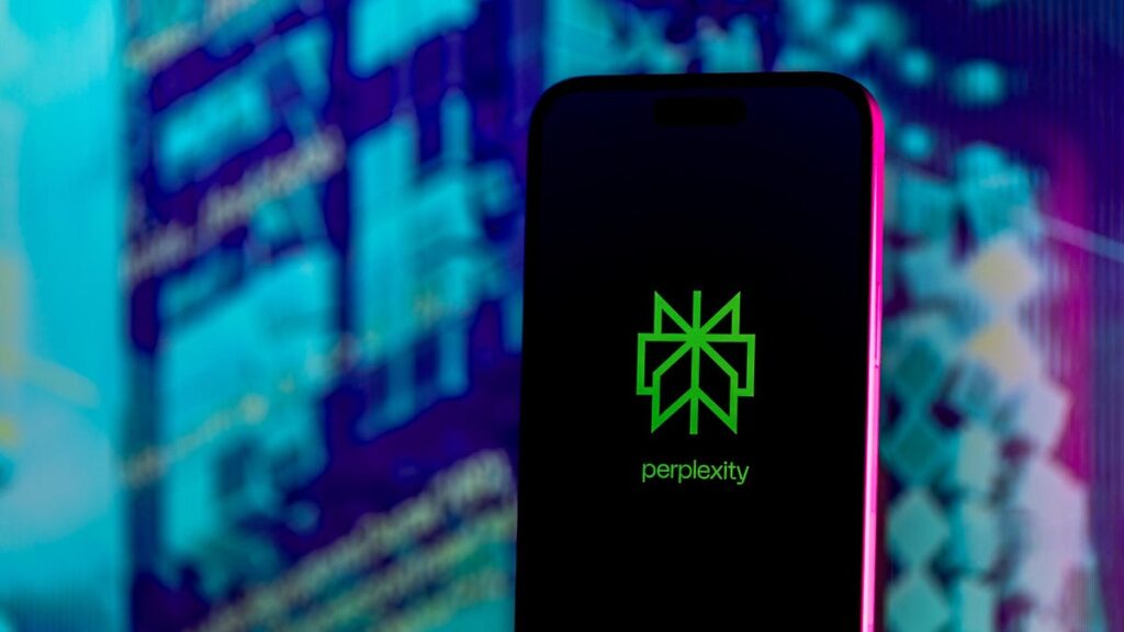 Perplexity AI logo on an iPhone screen with an abstract code texture backdrop