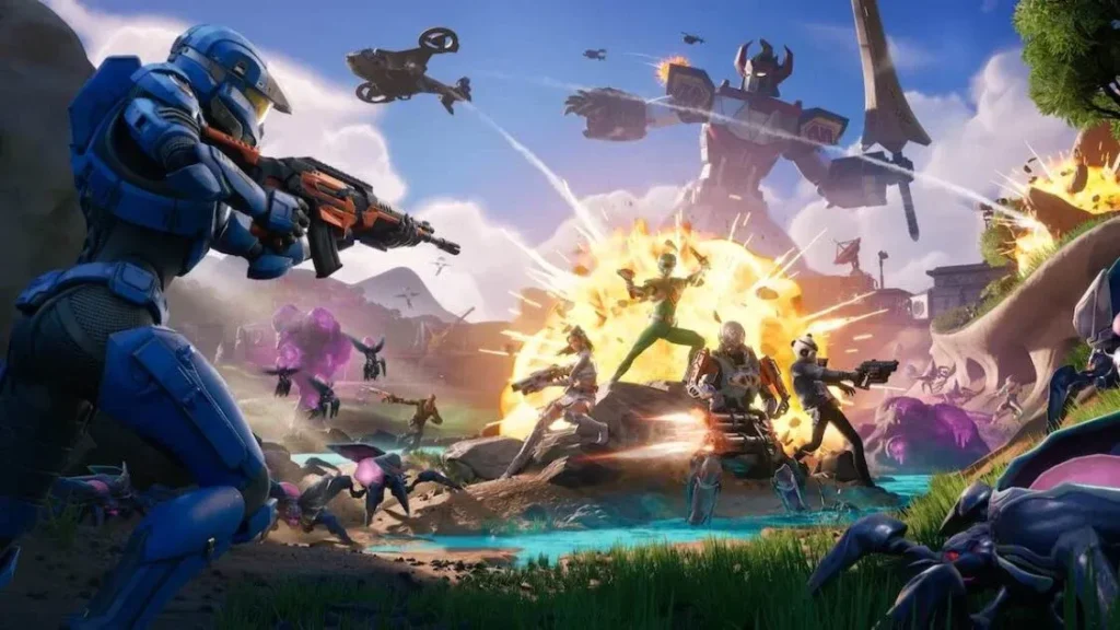 Key art from Fortnite Chapter 6 Season 04, featuring a blue spartan and a battle happening