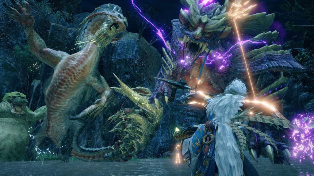 Promotional screenshot of a hunter being assaulted by monsters in Monster Hunter Rise