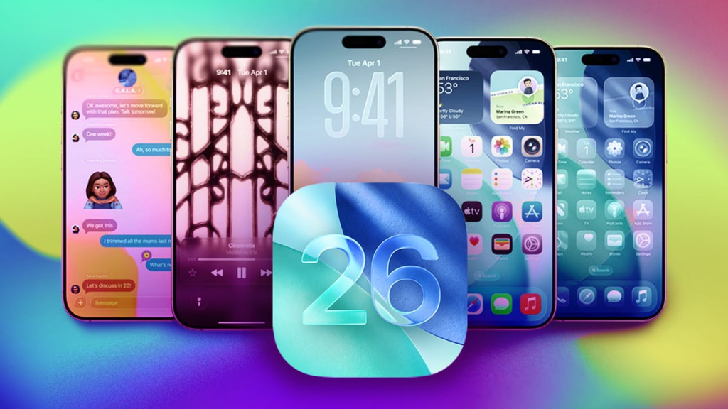 Several iPhones in a row with the image 26 in front.