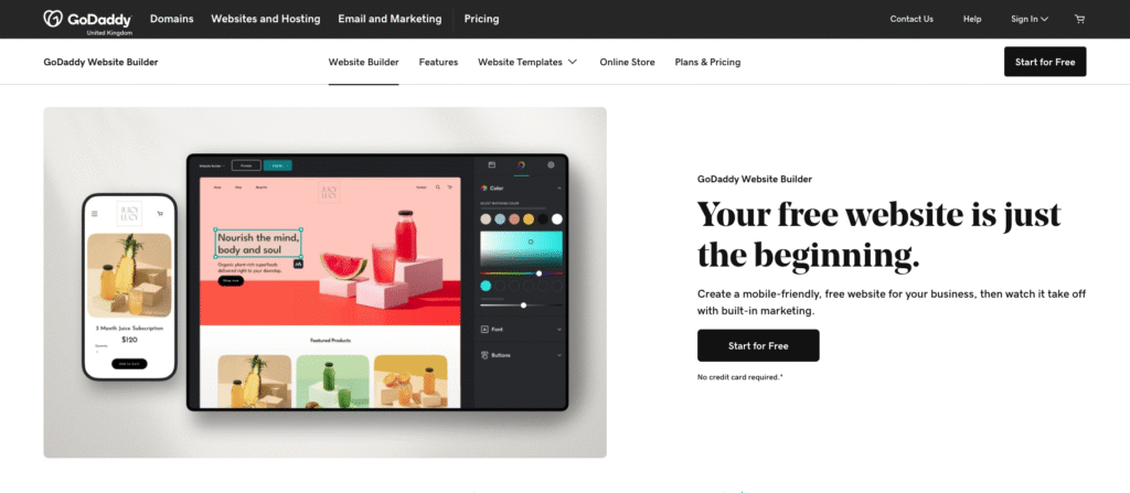 GoDaddy Website Builder review 2025: My experience, insights, and its limitations. screenshot of godaddy website builder homepage