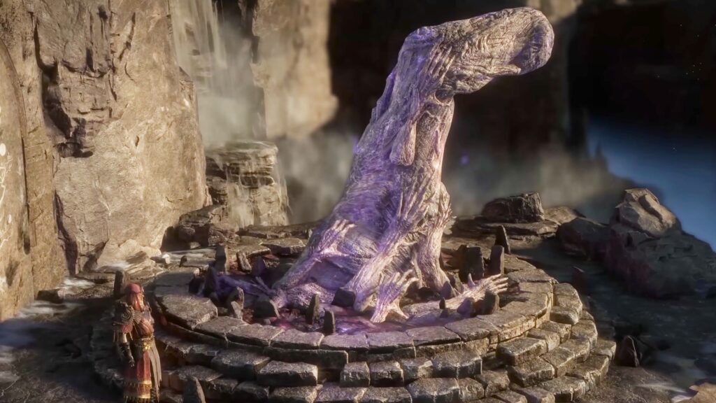 A screencap of the Grinding Gear Games Path of Exile Keepers of the Flame reveal video. A tree with no limbs covered in arms with sharp fingers stands tall next to a robed figure.