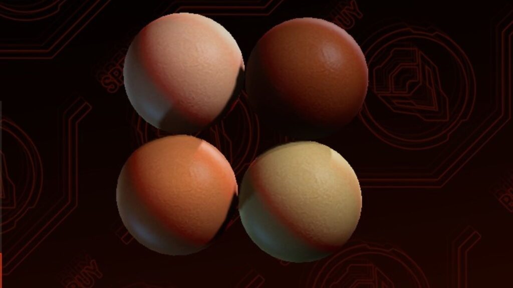 ‘Skinballs,’ a Saints Row test NPC that looks like four floating scoops of ice cream, has been preserved as part of a museum collection Four floating globes in flesh tones on dark background.